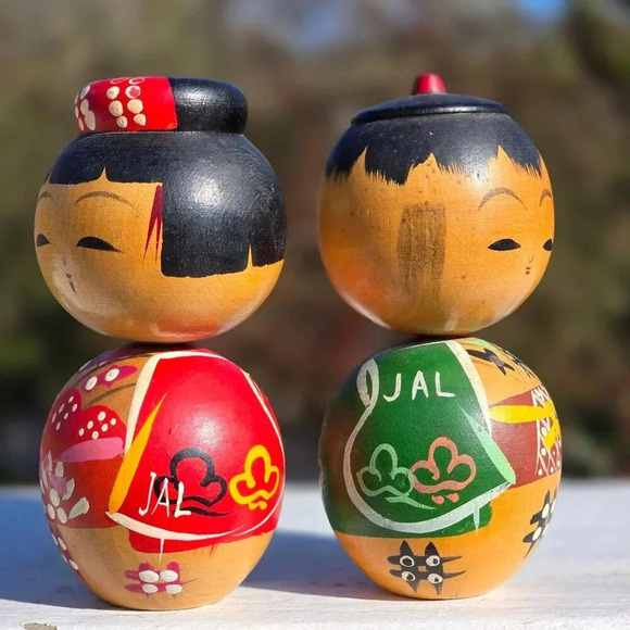 VTG Japanese Bobble Heads KOKESHI Wood Dolls Toys Hand Painted Kimono Craft - Picture 2 of 14